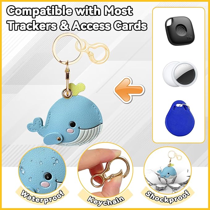 Leather Keychain for Airtag, Cute Protective Keychain Holder Compatible with Apple Air Tag,GPS Item Tracker Case Cover for Keys,Bags,Pets,Luggage(Whale)