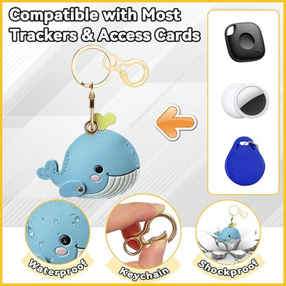 Leather Keychain for Airtag, Cute Protective Keychain Holder Compatible with Apple Air Tag,GPS Item Tracker Case Cover for Keys,Bags,Pets,Luggage(Whale)