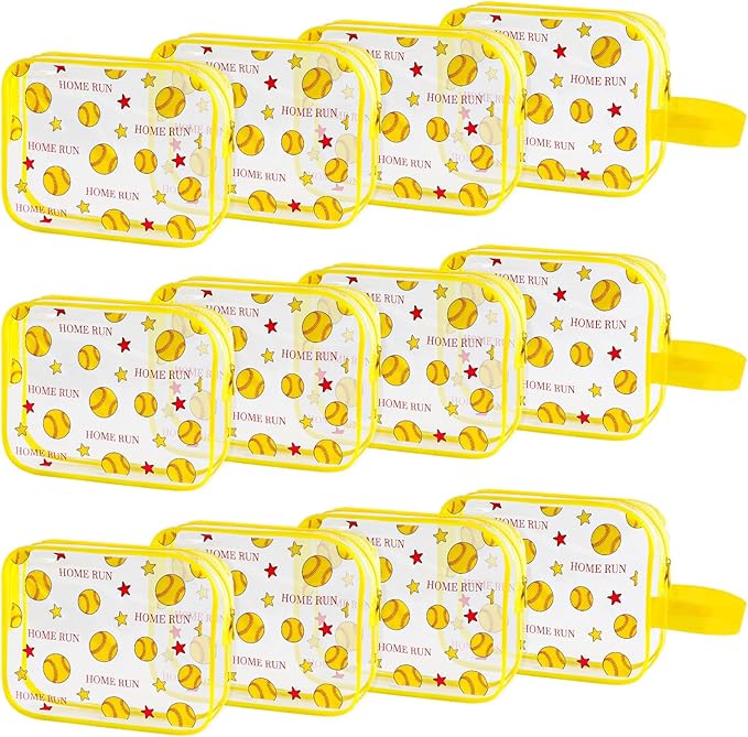 12 PCS Softball Gift Accessories Bags Softball Cosmetic Bags Goodie Snack Makeup Pouch Bag Waterproof Clear PVC Travel Bag with Zipper for Girls Team Gifts Valentine Player Sport Party Favors