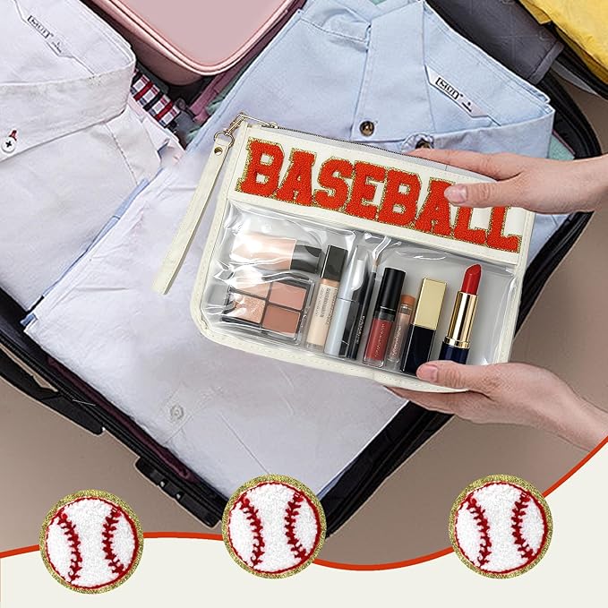 2 Pcs Baseball Gifts Makeup Bag with Chenille Letter Patch,with Handles Baseball PVC Waterproof Clear Makeup Bag,Portable Toiletry Storage Bag,Players & Fans Birthday, Team or Sports Lover Presents