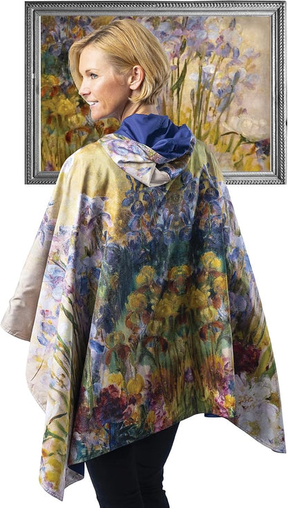 RainCaper Tiffany Peonies and Iris Womens Rain Cape Poncho with Hood Reversible