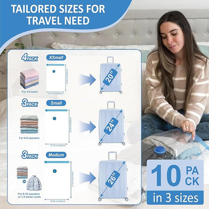 10 Pack Travel Vacuum Storage Bags with Rechargeable Wireless Electric Pump for Luggage, Suitcase, Carry-on Size Vacuum Seal Compression Space Saver Bags for Clothes and Clothing Travel