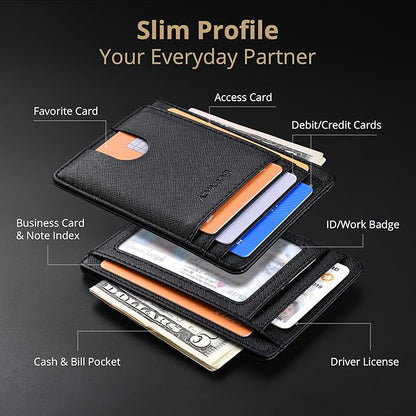 Buffway Slim Minimalist Front Pocket RFID Blocking Leather Wallets for Men and Women - Cross Black