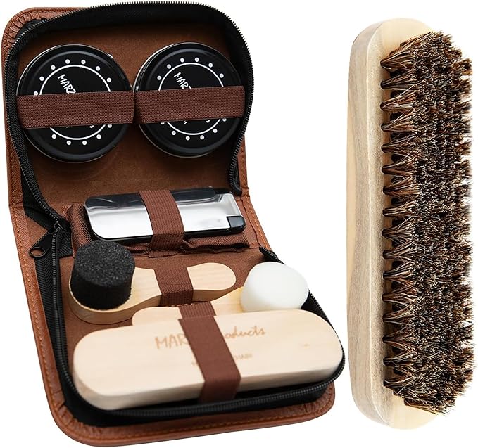 Deluxe Shoe Polish Kit - Portable 7pc Shoe Shine Kit with Genuine Horsehair Brush, Black Shoe Polish, and Clear Shoe Polish - Suede Shoe Cleaning Kit for Sneakers, Leather Shoes, and Boots