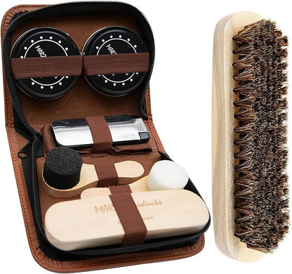Deluxe Shoe Polish Kit - Portable 7pc Shoe Shine Kit with Genuine Horsehair Brush, Black Shoe Polish, and Clear Shoe Polish - Suede Shoe Cleaning Kit for Sneakers, Leather Shoes, and Boots