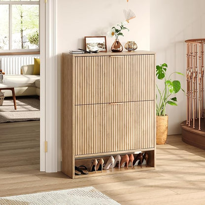 31.5''W Oak Shoe Storage Cabinet for Entryway with 2 Flip Drawers, Narrow Wood Fluted Shoe Rack Cabinet,Freestanding Slim Shoe Organizer Cabinet for Foyer, Hallway