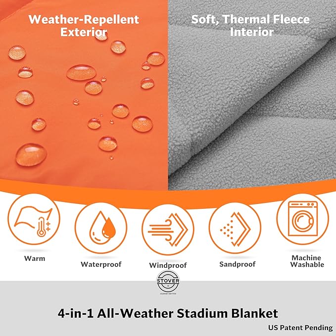 STOVER Large Waterproof Outdoor Stadium Blanket– Extra Thick Soft Fleece Camping Blanket for Travel, Picnics, Sports, Dogs– 79"x55" Warm, Windproof, Sand-proof, Lightweight, Packable (Game Day Orange)