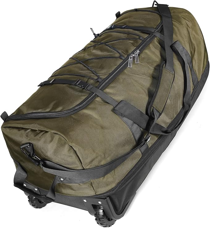 110L Expandable to 140L 32” Foldable Oxford Soft-Sided Rolling Duffle Bag with 2 Heavy-Duty Wheels,3 Large Compartments,Adjustable Shoulder Strap and Attached Organizer Pouch,Green