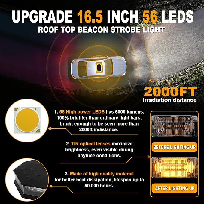 ASPL 16.5 Inch Roof Top Beacon Emergency Strobe Light with Controller 56 LED Magnetic Warning Caution lights bar Traffic Hazard Plow Light for Trucks Vehicles Construction Snowplow (Amber/White)