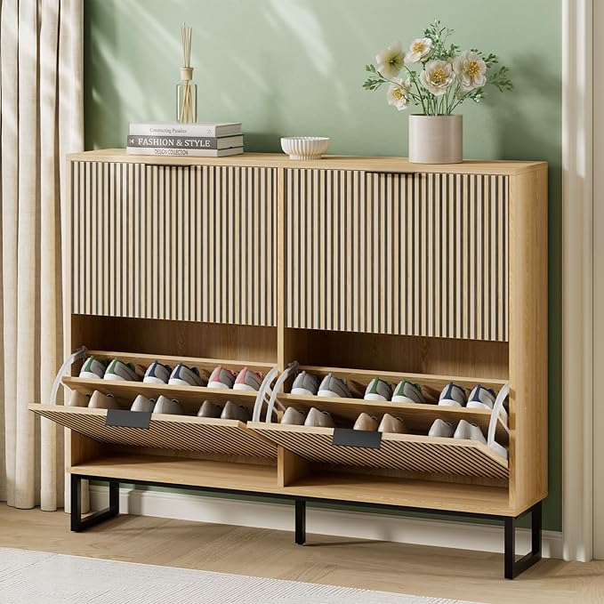 Shoe Cabinet Storage with 4 Flip Drawers, Narrow Hidden Shoe Organizer Cabinet for Entryway, Modern Freestanding Slim Shoe Rack Organizer Shoe Cupboard for Hallway, Natural Wood