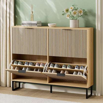 Shoe Cabinet Storage with 4 Flip Drawers, Narrow Hidden Shoe Organizer Cabinet for Entryway, Modern Freestanding Slim Shoe Rack Organizer Shoe Cupboard for Hallway, Natural Wood