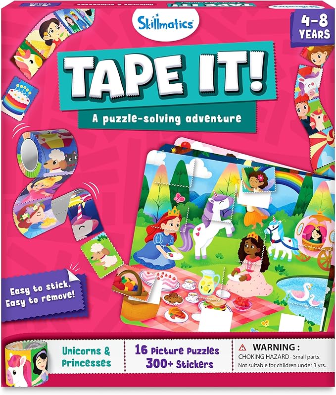 Skillmatics Puzzle Activity - Tape It Unicorn & Princess Sticker Puzzles, 300+ Easy-Tear Stickers, Reusable Art & Craft Kit, Fine Motor Skills & Travel Toy, Gift for Kids Ages 4, 5, 6, 7, 8