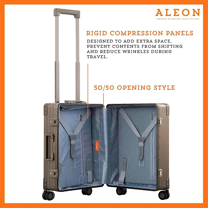 Aleon All Aluminum Lightweight Carry-On Luggage - Hardside Carry-On Suitcase, TSA Approved, Hard Shell Suitcase for Travel, Airline Approved 21 Inch Hard Spinner Wheels Luggage (Bronze)