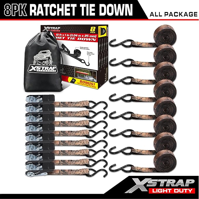XSTRAP STANDARD Ratchet Tie Down Straps - 8PK - 1'' x 10 ft - 900 LB Break Strength Cargo Straps for Moving Appliances, Lawn Equipment, Motorcycle (Camouflage2)