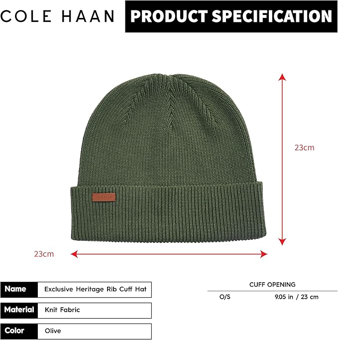 Cole Haan Men's Heritage Rib Cuff Wool Beanie Hat, One Size