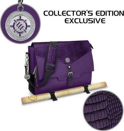 ENHANCE Collector's Edition RPG Player's Essentials DnD Bag - Dragon Hide Exterior Messenger Bag Fits 2-4 Books, Binders, Dice & Accessories, with 17 inch Laptop Slot, Battlemap Straps (Dragon Purple)
