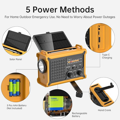 Weather Radios Portable AM FM NOAA Alert with Battery Backup 12000mAh 44400mWh, Fast Solar Power, Emergency Radio Hand Crank Flashlight, Reading Lamp SOS for Home Outdoor Camping