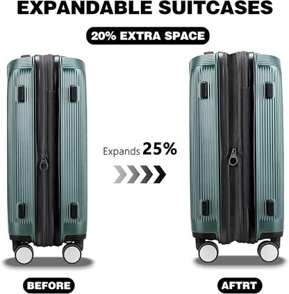 20 Inch Lightweight Expandable Carry On Luggage, PC Hardside Suitcase with Spinner Wheels & TSA Lock, Carry-on 20-Inch, Green