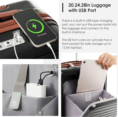 Luggage with Cup Holder and USB Port Carry On Luggage with Cosmetic Carry On Bag