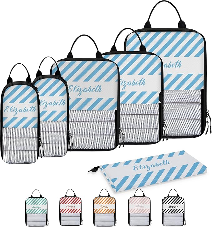 Custom 6 Set Compression Packing Cubes with Name Striped Personalized Compressible Expandable Packing Organizers Luggage Carry On Suitcase Bags Travel Accessories Gifts, Light Blue
