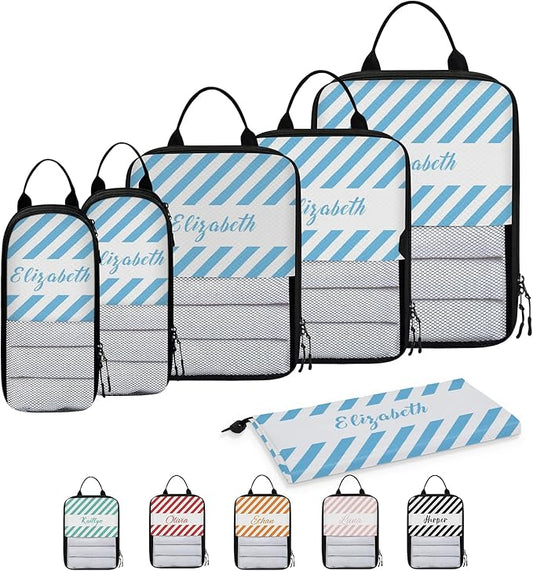 Custom 6 Set Compression Packing Cubes with Name Striped Personalized Compressible Expandable Packing Organizers Luggage Carry On Suitcase Bags Travel Accessories Gifts, Light Blue