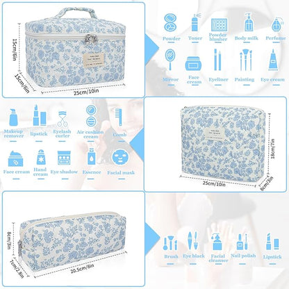 3pc Makeup Bag Set, Quilted Makeup Bag Set, Large Floral Cosmetic Bag for Women, Cute Cotton Makeup Bags, Flower Travel Toiletry Organizer Bag (Checkered)
