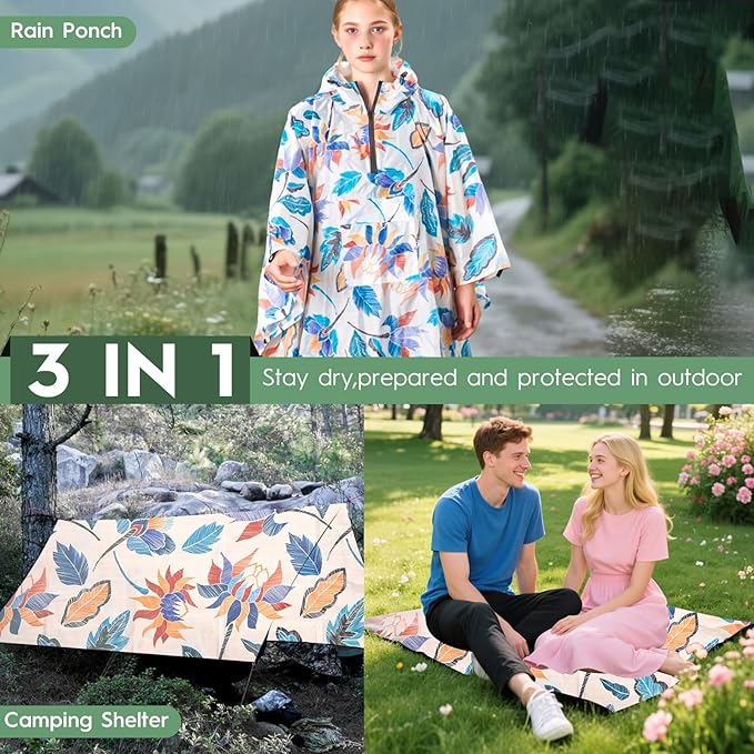 Bruvoalon 3-in-1 Rain Poncho with 1/4 Zip & Chest Pocket, Waterproof, Sunshade, Ground Mat for Adults & Youth Emergency