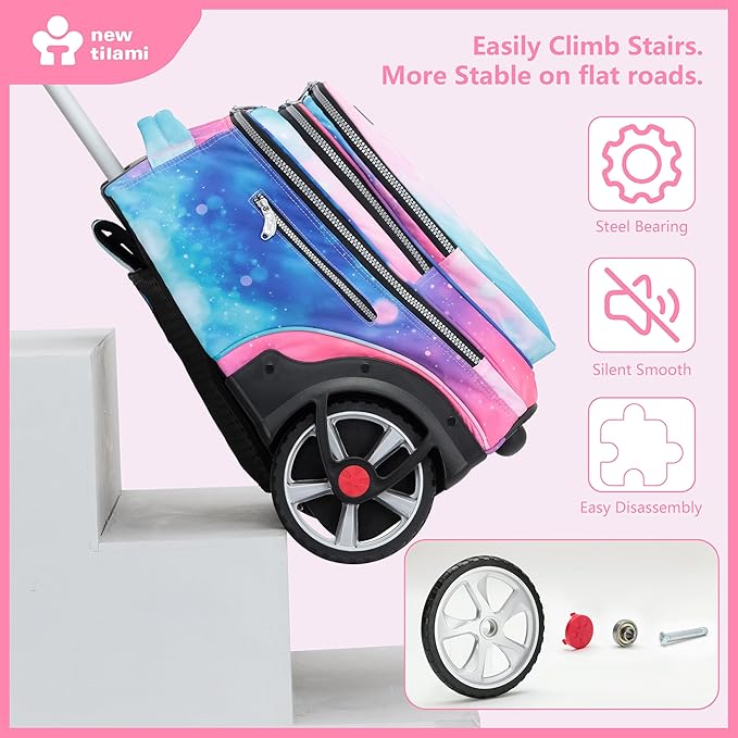 NEW TILAMI 20" Rolling Backpack for Teens Adults, Climbing Stairs Waterproof Backpack with Wheels for School Business Trave Camping with Laptop Compartment, Fit 17 Inch Laptop, Pop Gradient
