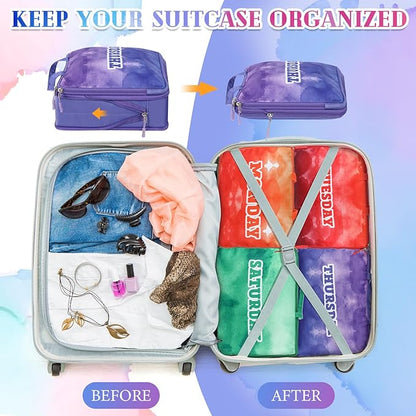 Paterr 7 Pcs Days of Week Packing Cubes Compression Packing Cubes for Kids Winter Camp Travel Daily Outfit Suitcase Organizers Zippered Storage Bag for Cruise Vacation Essentials(Multicolor)