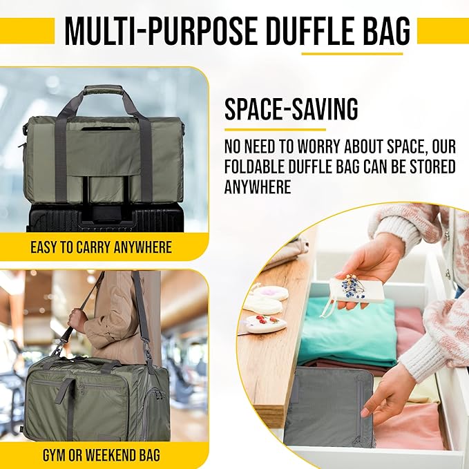 LEGEND 40L Foldable Duffle Bag for Travel - Packable Duffle Bags w/Shoe Compartment - Tear Resistant Collapsible Duffel Bags for Traveling - Lightweight Folding Duffel Bag for Men & Women -Army Green