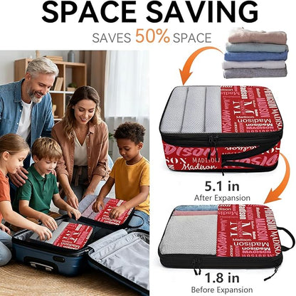 Personalized 6 Set Compression Packing Cubes for Travel Essentials with Name Initial Customized Lightweight Carry on Expandable Luggage Organizer Bags for Women and Men, Red