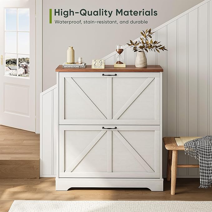 Shoe Cabinet, Shoe Storage Cabinet for Entryway with 2 Flip Drawers, Narrow Farmhouse Shoe Organizer Cabinet, Slim Shoe Rack Cabinet, White