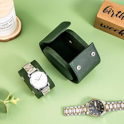 SANQIANWAN Single Travel Storage Watch Roll Portable PU Leather Watch Case Box for Men with Button Style Removable Watch Pillow Watch Display Roll (Dark Green)