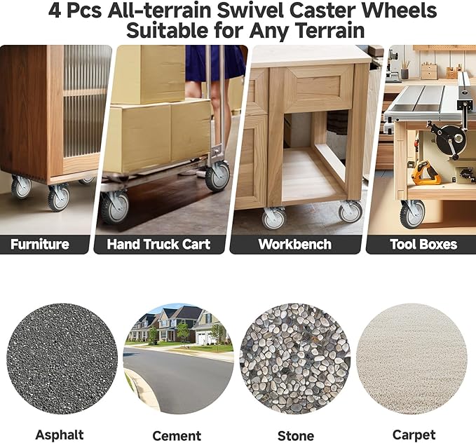 uyoyous 6 Inch Caster Wheels Set of 4, 1653 Lbs Heavy Duty Casters, No Noise Swivel Plate Casters Wheels for Cart, Dolly, Workbench, Toolbox, Chicken Coop (2 with Brakes & 2 without)