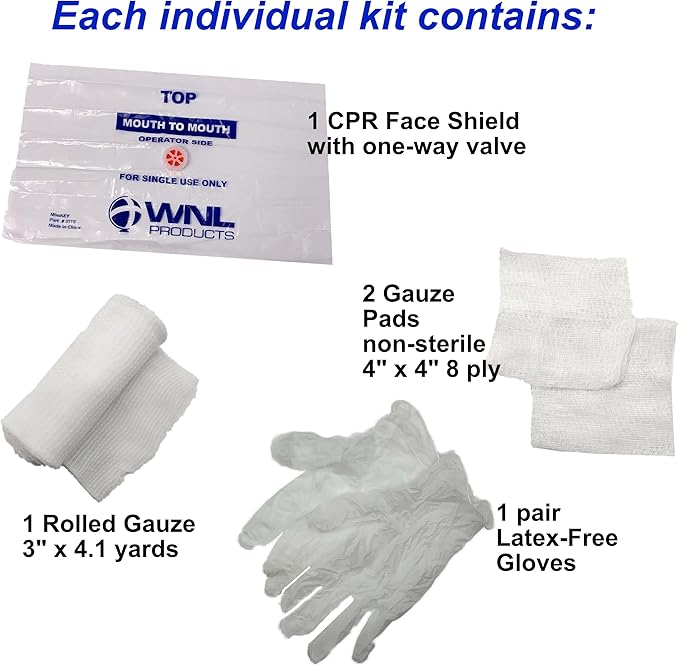 WNL Products 1402SF 100 Pack First Aid & CPR Training Kits for Students, Includes CPR Training Face Shield, Guaze Pads, Latex-Free Gloves & Bandages, 100 Pack