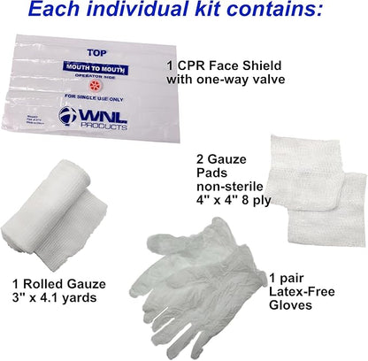 WNL Products 1402SF 100 Pack First Aid & CPR Training Kits for Students, Includes CPR Training Face Shield, Guaze Pads, Latex-Free Gloves & Bandages, 100 Pack