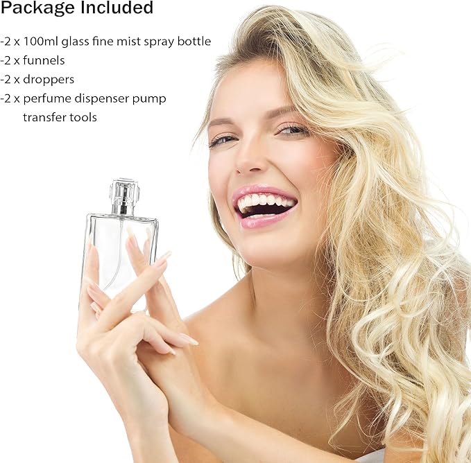 YU FENG Glass Perfume Bottles Empty Spray Refillable Atomizer 2 Pack 100ml/3.4oz（Square）