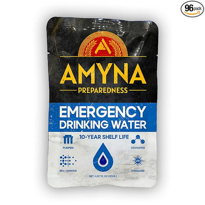 Emergency Drinking Water Pouches (96) 10-Year Shelf Life - Individual Survival Water Ration Packets for Disaster Preparedness - 4.227 fl oz / 125 ml - Made in USA