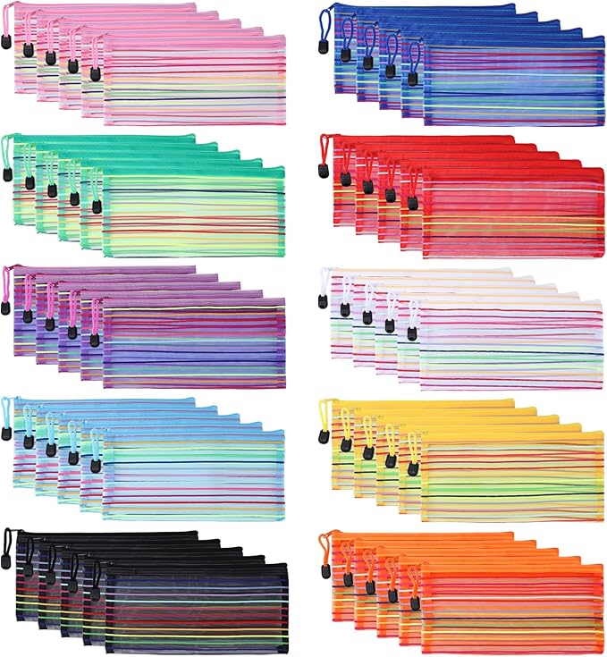 50 Pack 10 Colors Mesh Zipper Pouch Bags, Small Pouch Pencil Pouch Bulk, Cosmetics Makeup Bags Accessories Storage Bag, Home Organizing Office School Classroom Supplies
