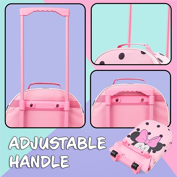 Disney Kids Rolling Luggage 16×11 in, 16‑L Carry‑On Suitcase with Wheels, Foldable Lightweight Travel Bag, Gifts for Kids (Pink Minnie)