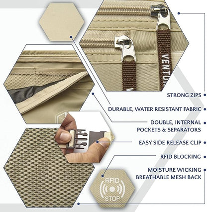 VENTURE 4TH Money Belt for Travel – Hidden Under-Clothes RFID Blocking Passport Holder & Slim Travel Wallet Pouch for Men & Women to Protect Cash, Cards & Documents (Beige)