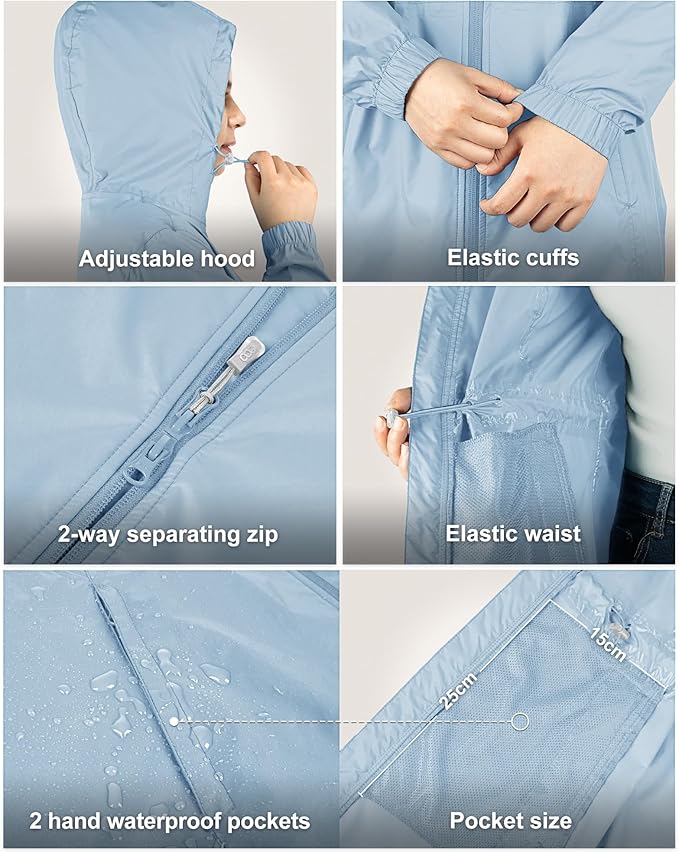 33,000ft Women's Waterproof Long Rain Coats Packable Rain Jacket with Hood Trench Coats Windbreaker