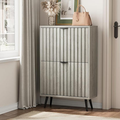 Shoe Storage Cabinet, Fluted Shoe Cabinet for Entryway, Grey Hidden Storage with Metal Legs, Flip Doors