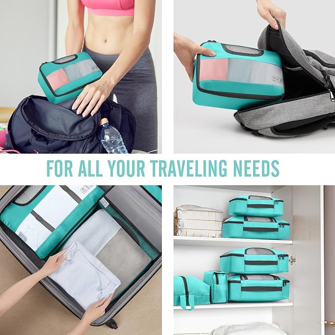 Veken 8 Set Packing Cubes for Kids, Travel Essentials Suitcase Organizer Bags in 4 Sizes, Carry-On Luggage Accessories with Laundry & Hanging Toiletry Bag, Must-Have for Airplane, Road Trip & Camping