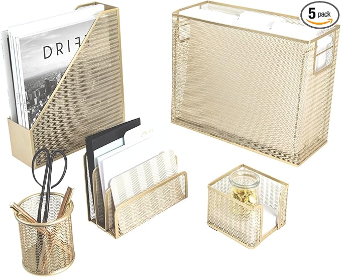 BLU MONACO Gold Desk Accessories Set – 5-Piece Office Organizer with Hanging File Holder, File Organizer & Boho Desk Décor for Women