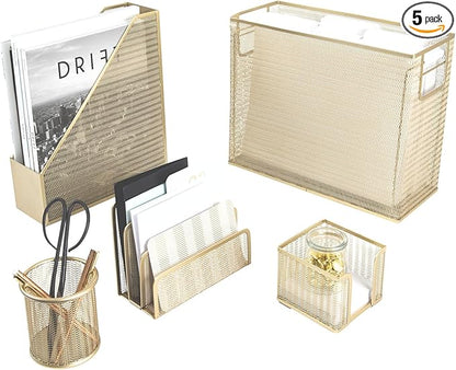 BLU MONACO Gold Desk Accessories Set – 5-Piece Office Organizer with Hanging File Holder, File Organizer & Boho Desk Décor for Women
