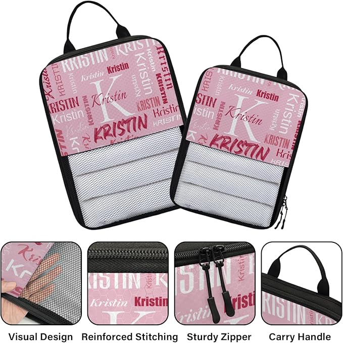 Personalized 6 Set Compression Packing Cubes for Travel Essentials with Name Initial Customized Lightweight Carry on Expandable Luggage Organizer Bags for Women and Men, Pink