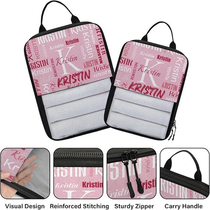 Personalized 6 Set Compression Packing Cubes for Travel Essentials with Name Initial Customized Lightweight Carry on Expandable Luggage Organizer Bags for Women and Men, Pink