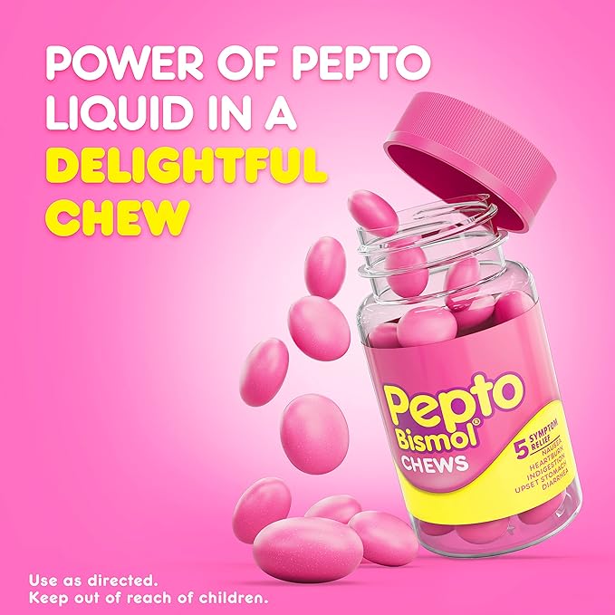 Pepto Bismol Chews, Upset Stomach Relief, Nausea Relief, Heartburn Relief, Indigestion Relief, Anti Diarrhea Medication for Adults - 5 Symptom Fast Relief, 72 Chewable Tablets (3x24 ct)
