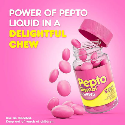 Pepto Bismol Chews, Upset Stomach Relief, Nausea Relief, Heartburn Relief, Indigestion Relief, Anti Diarrhea Medication for Adults - 5 Symptom Fast Relief, 72 Chewable Tablets (3x24 ct)